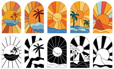 Siyah ve beyaz, sabah, deniz ve palmiye ağaçlarıyla renkli bir gün doğumu. Arka plan gündoğumu simge, sembol, poster, kartpostal ve logo için mükemmel. Vektör illüstrasyonu