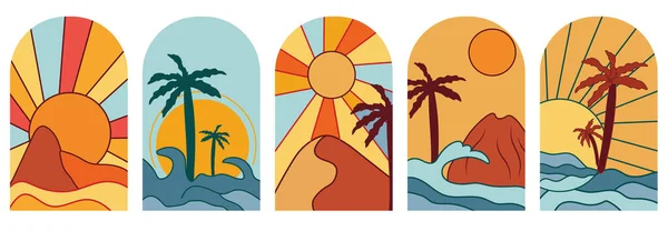 stock vector Sunset in the sea with a palm tree. Set background sunrise. Minimal sunset poster, perfect for icon and symbols, poster, postcard, logo. Vector illustration