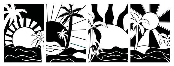 stock vector Black and white background sunrise in the morning. Minimal poster with with sea and palm trees. Vintage sunset, perfect for icon and symbols, poster, postcard, logo. Vector illustration