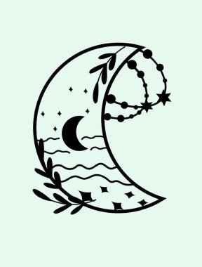 Mistik astrolojinin esrarengiz unsurları. Işık arkaplanındaki sihirli minimalist ay. Ayın sihirli sembolü. Tasarımın için siyah beyaz kompozisyon. Vektör illüstrasyonu