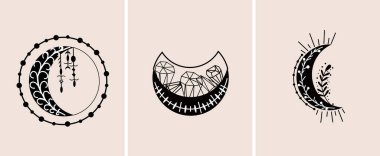 Siyah ve beyaz Boho posterleri göksel ay, sihirli yapraklar, kristaller. Büyülü, esrarengiz posterler afişler, posterler, kartpostallar için idealdir. Vektör illüstrasyonu