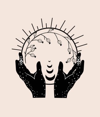 Mistik astrolojinin esrarengiz unsurları. Kadın eli ile göksel ay. Siyah ve beyaz sihirli kompozisyon posterler, el ilanları ve afişler için mükemmeldir. Minimalist tasarım. Vektör illüstrasyonu