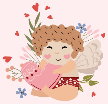 Sevimli bir aşk tanrısı içinde kalp, yapraklar ve çiçekler olan bir kartpostal tutar. Aşkın sembolü olarak küçük bir melek. Tatil kavramı, aşkım. Tebrik kartları, posterler, afişler için kompozisyon. Vektör