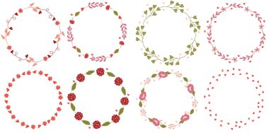 Set of minimalistic wreaths with bright flowers, leaves, hearts and space for your text. The concept of love, holidays. Composition for greeting cards, posters, banners. Vector.