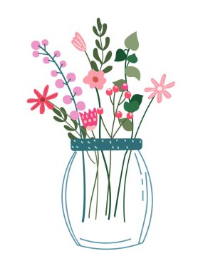 A bright bouquet of wild flowers in a glass jar on a white background. Spring flowering. Minimalist postcards for celebrating Mothers Day, spring, birth, wedding, etc. Vector illustration