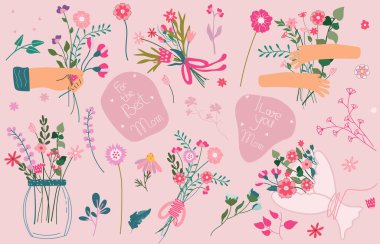 Happy mothers day. Illustration with a bouquet of flowers in hands, inscriptions for Mothers Day, bright flowers in a jar, leaves, etc. Floral postcards for celebrating Mothers Day, spring, etc. 