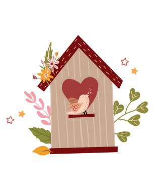 A spring birdhouse in which a bird sings, leaves, flowers and stars all around. The spring composition is suitable for posters, cards, banners, posters. Vector illustration.