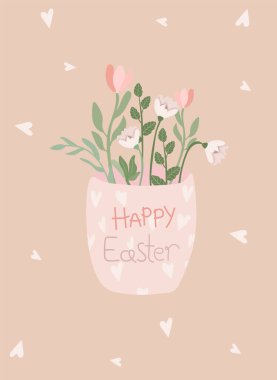 Blooming spring flowers and leaves in a decorative vase in pastel colors. Postcard Spring flowering. Ideal for banners, cards, posters, invitations. Vector illustration. Minimalist Vector illustration clipart