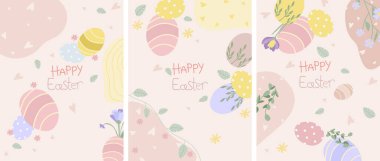 Postcards with colored Easter eggs, spring flowers and leaves in pastel colors. Ideal for banners, invitations, cards, posters, stickers. Vector illustration.
