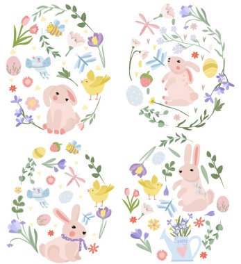 Easter egg from bright flowers, eggs, cute rabbit, chickens. Spring flowers. Concept of holiday, joy, happiness. Ideal for banners, cards, posters, stickers. Vector illustration