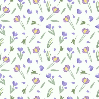 Seamless pattern with purple crocuses, green leaves. Spring flowering. Floral pattern can be used as textile, fabric, wallpaper, banner, etc. Vector.