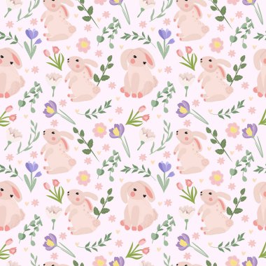Seamless pattern with cute bunnies, spring flowers, leaves and hearts all around. Spring flowering. Ideal for wallpaper, wrapping paper, textiles, banners. Vector graphics.