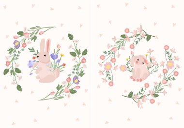 Bright compositions with a cute rabbit, a wreath of flowers, leaves, hearts. Spring-summer flowering. Flowers of chamomile, lavender, crocuses, tulips. Vector graphics.