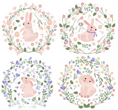 Bright compositions with a cute rabbit, a wreath of flowers, leaves, hearts. Spring-summer flowering. Flowers of chamomile, lavender, crocuses, tulips. Vector graphics.