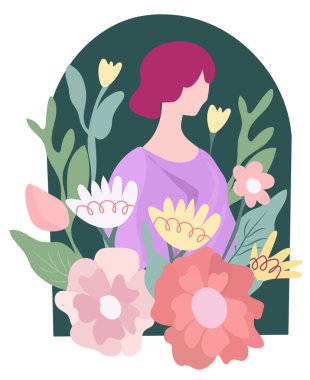 Mutlu kadınlar günü, yaprakları ve çiçekleri olan bir kadının portresi. Bahar çiçekleri. Tebrik kartları pankartlar, kartlar, posterler, kartpostallar için idealdir. Vektör grafiği.