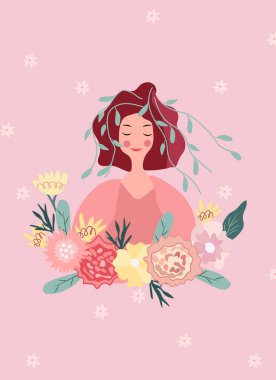 Bright illustration with a woman, flowers and leaves in a circle. Spring happy woman. Happy mothers day. Ideal for greeting cards, cards, banners, posters. Vector graphics.