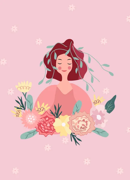 Яскрава Ілюстрація Жінкою Квітами Листям Колі Весна Щаслива Жінка Щасливий — стоковий вектор