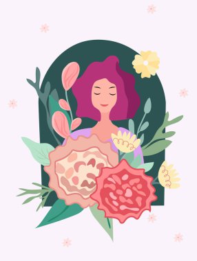 Happy women day, portrait of a woman with flowers and leaves. Spring flowering. Greeting cards are ideal for banners, cards, posters, postcards. Vector graphic.