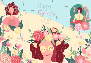 Happy Womens Day. Bright illustration with a woman and a floral wreath on her head, green leaves and colored flowers around.Spring illustrations are ideal for greeting cards, cards, banners, posters.