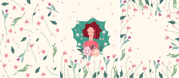 Helle Frühlingsbilder Mit Einer Netten Dame Und Einem Blumenstrauß Ihren — Stockvektor