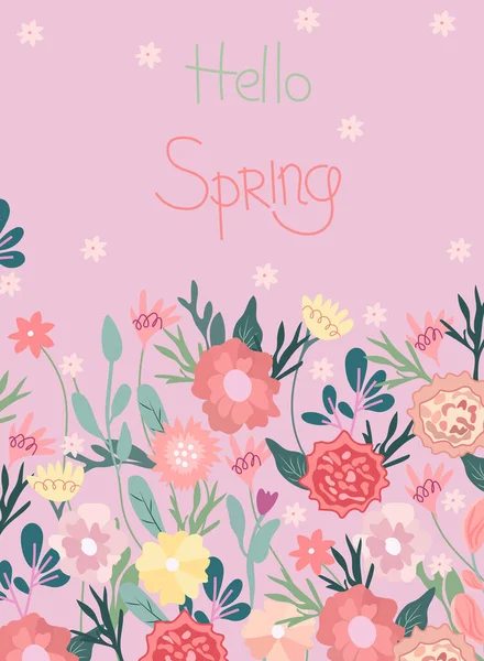 Bright Spring Illustrations Wildflowers Inscription Hello Spring Daisies Tulips Carnations — Stockvektor