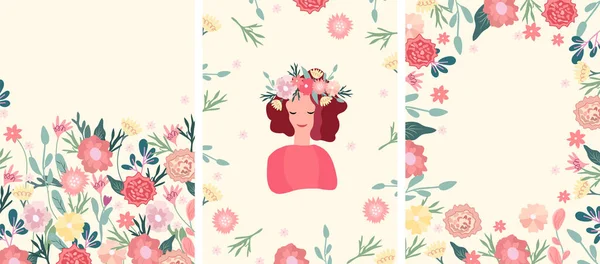 Une Collection Bannières Avec Des Fleurs Une Femme Une Couronne — Image vectorielle