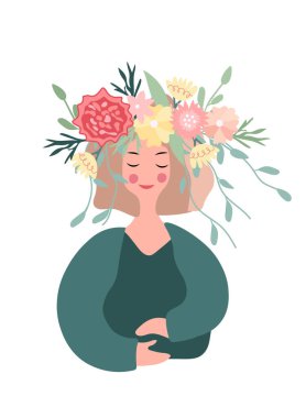 Hello spring, bright illustration with spring lady and flowers in her hair. The concept of happiness, joy, holiday. Ideal for greeting cards, cards, banners, posters. Vector graphics