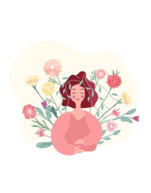 Hello spring, bright illustration with spring woman and flowers in her hair. The concept of happiness, joy, holiday. Ideal for greeting cards, cards, banners, posters. Vector graphics