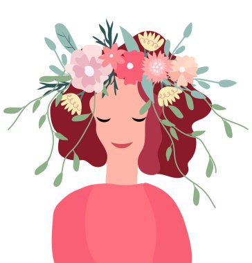 Hello spring, bright illustration with spring lady and flowers in her hair. The concept of happiness, joy, holiday. Ideal for greeting cards, cards, banners, posters. Vector graphics