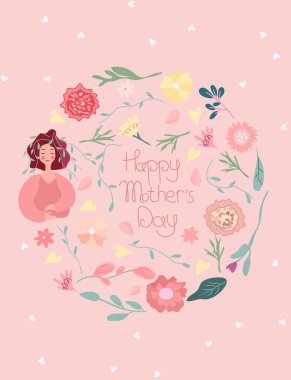 Mothers day greeting card, cute lady with flowers, carnations, daisy and green leaves. Spring and summer flowering. The concept of happiness, joy, holiday. Vector graphics.