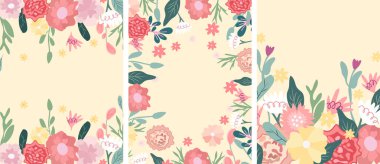 Bright compositions of cards with colored flowers, green leaves, hearts, etc. Ideal for greeting cards, cards, banners, posters. Vector graphics.