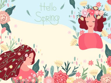 Hello spring, bright illustration with spring woman and flowers in her hair, wreath and green leaves. The concept of happiness, joy, holiday. Ideal for greeting cards, cards, banners, posters. Vector.