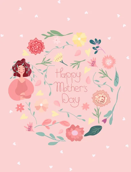 Mothers Day Greeting Card Cute Lady Flowers Carnations Daisy Green — Vetor de Stock