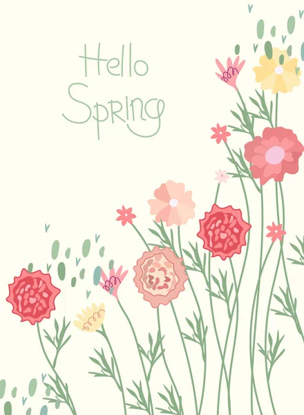 Bright Composition Spring Flowers Green Leaves Inscription Hello Spring Spring — Stockvektor