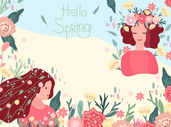 Hola Primavera Brillante Ilustración Con Mujer Primavera Flores Pelo Corona — Archivo Imágenes Vectoriales