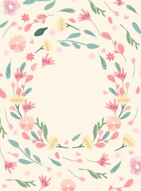 Çiçekli parlak bir kart ve mesaj için yer. Etrafta renkli çiçekler ve kalpler var. Minimalist kompozisyonlar davetiyeler, kartpostallar, afişler, düğünler için idealdir. Vektör illüstrasyonu.