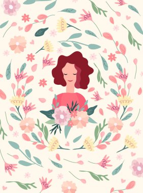 Çiçekli bir çelenk giymiş güzel bir kadınla parlak bir illüstrasyon. Renkli çiçekler, kırlangıçlar ve kalpler her yerde. Şirin kompozisyonlar davetiyeler, kartlar, afişler ve Anneler Günü için idealdir. Vektör.