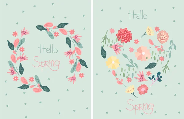 Bright Composition Spring Flowers Green Leaves Inscription Hello Spring Spring — Stockvektor