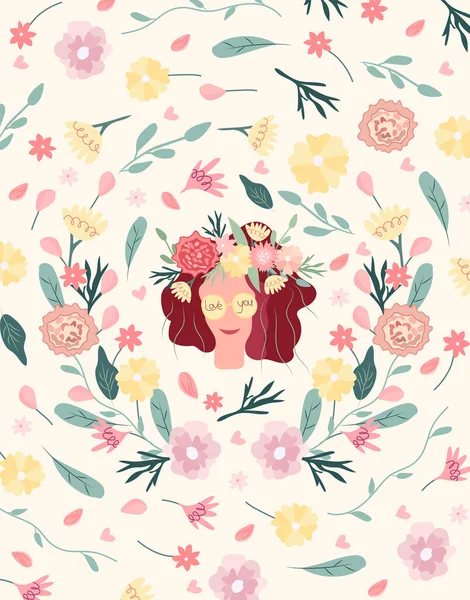 Hola Primavera Brillante Ilustración Con Dama Primavera Flores Cabello Concepto — Archivo Imágenes Vectoriales