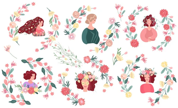 Весна Щасливі Жінки Квітучому Вінку Ізольовані Білому Тлі Поняття Щастя — стоковий вектор