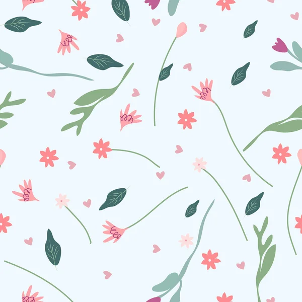 Minimalistisches Florales Nahtloses Muster Leuchtende Blüten Und Grüne Blätter Frühlingsblüte — Stockvektor