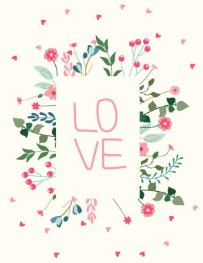 Çiçekler, yapraklar ve kalpler de dahil olmak üzere botanik elementlerle büyüleyici vektör çerçeveleri. Davetiyeler, tebrik kartları ve posterler için harika. Vektör illüstrasyonu.