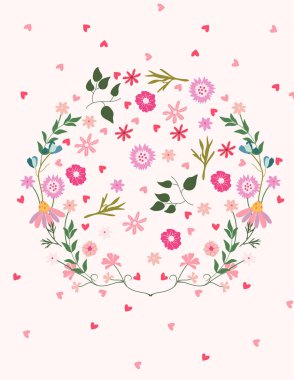 Çekici çiçekleri olan eşsiz çiçek vektör tasarımı, bir çelenk oluşturur. Kartlar, posterler, kıyafetler ve ev aksanları için harika. Vektör illüstrasyonu.