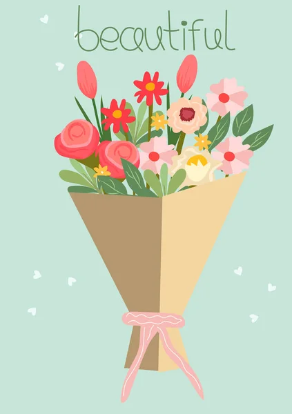 Ilustração Vetorial Estilo Plano Buquê Flores Florescentes Fundo Azul Tulipa —  Vetores de Stock