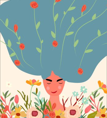 Kafasında renkli kır çiçeklerinden bir çelenk olan bir kadının büyüleyici görüntüsü. Bahar kartları, posterler, afişler, davetiyeler, Anneler Günü veya Kadınlar Günü için mükemmel. Vektör.