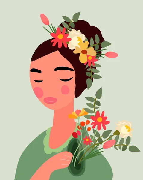 stock vector A charming image of a woman with a wreath of colorful wild flowers on her head. Perfect for spring cards and posters, banners, invitations, Mothers Day or Women Day. Vector.