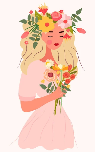 Una Mujer Encantadora Con Una Corona Floral Cabeza Ramo Flores — Vector de stock