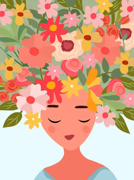 stock vector A bright Greeting card featuring an elegant woman a bouquet flowers on head. Concept your blooming. Perfect for Mothers Day cards, birthdays, banners, posters, invitations etc. Vector