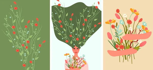 Hermosa Ilustración Vectorial Una Mujer Con Flores Pelo Ramo Elementos — Vector de stock