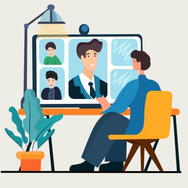 Uzaktan çalışma konsepti. Profesyoneller, takım üyeleriyle çevrimiçi brifing için bir video konferans görüşmesine katılarak, meslektaşlarıyla bir grup web kamerası toplantısına katılıyorlar. Düz biçim vektör illüstrasyonu